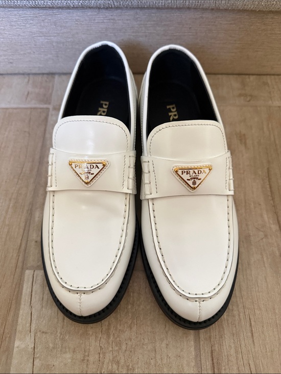 Prada Shoes - Prada White Leather Loafers with Gold Logo Plaque